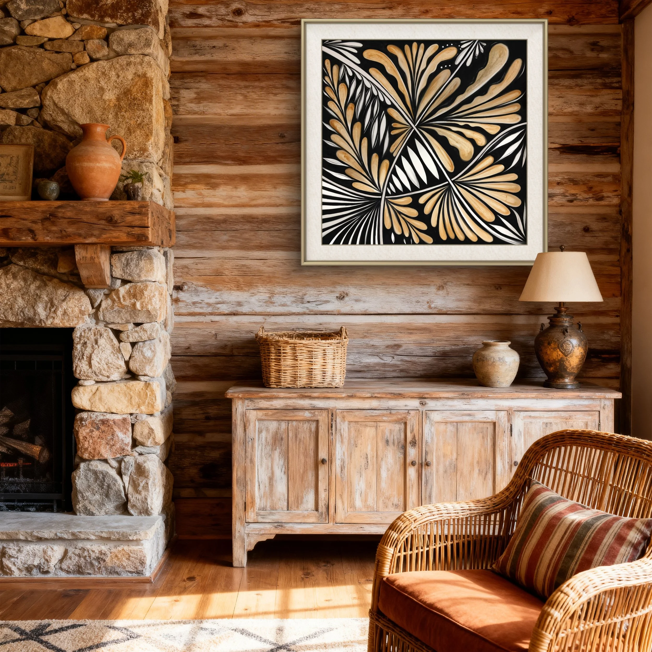 Nocturn art print displayed on a rustic wall — handmade botanical ink artwork by Roxy Megyesi, ships from Bristol UK