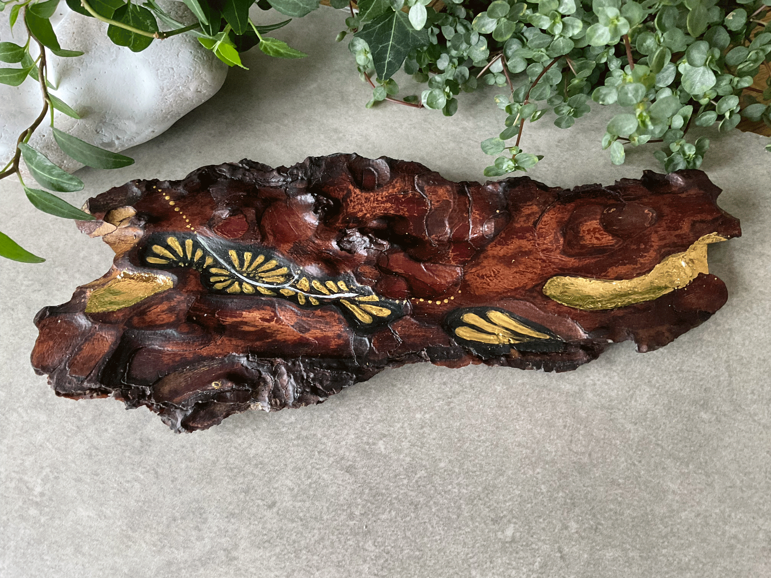 Harmat (Dew) — original hand-painted bark artwork by Roxy Megyesi, acrylic and gold leaf on naturally shed Crimean Pine bark from Tyntesfield, National Trust Bristol