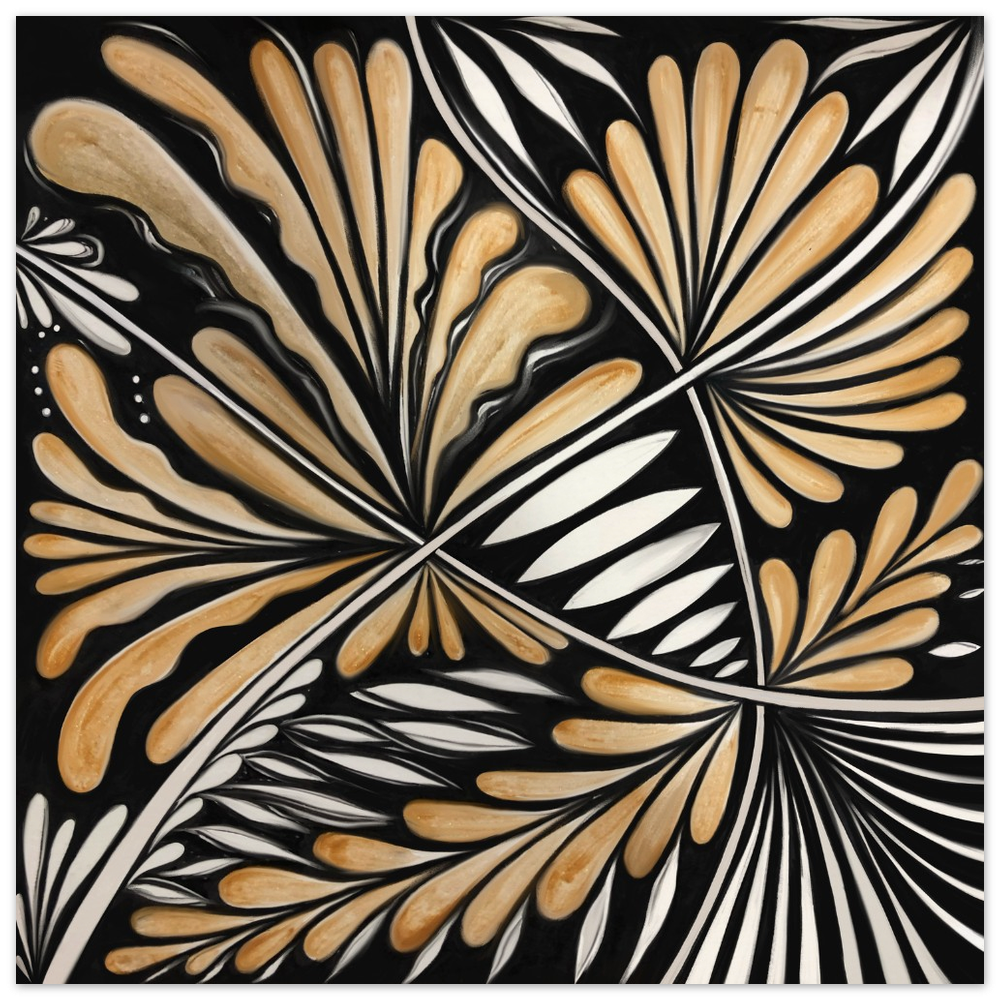 Nocturn — close-up of gold botanical fan forms on black. Original ink drawing by Roxy Megyesi, Bark & Grain Studio