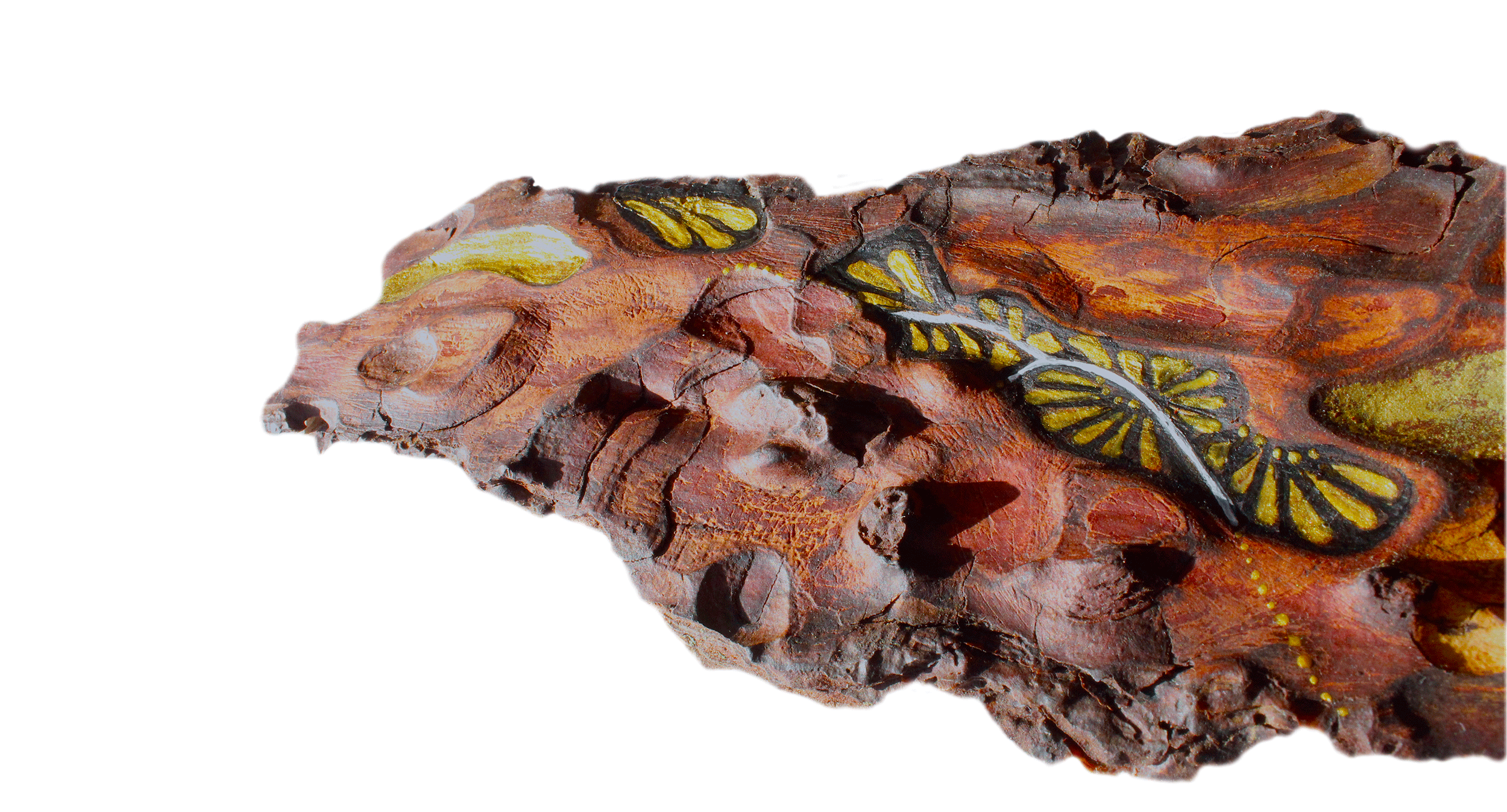 Harmat (Dew) side view — natural bark texture and depth, hand-painted original bark art, one-of-a-kind wabi sabi wall art by Roxy Megyesi Bristol