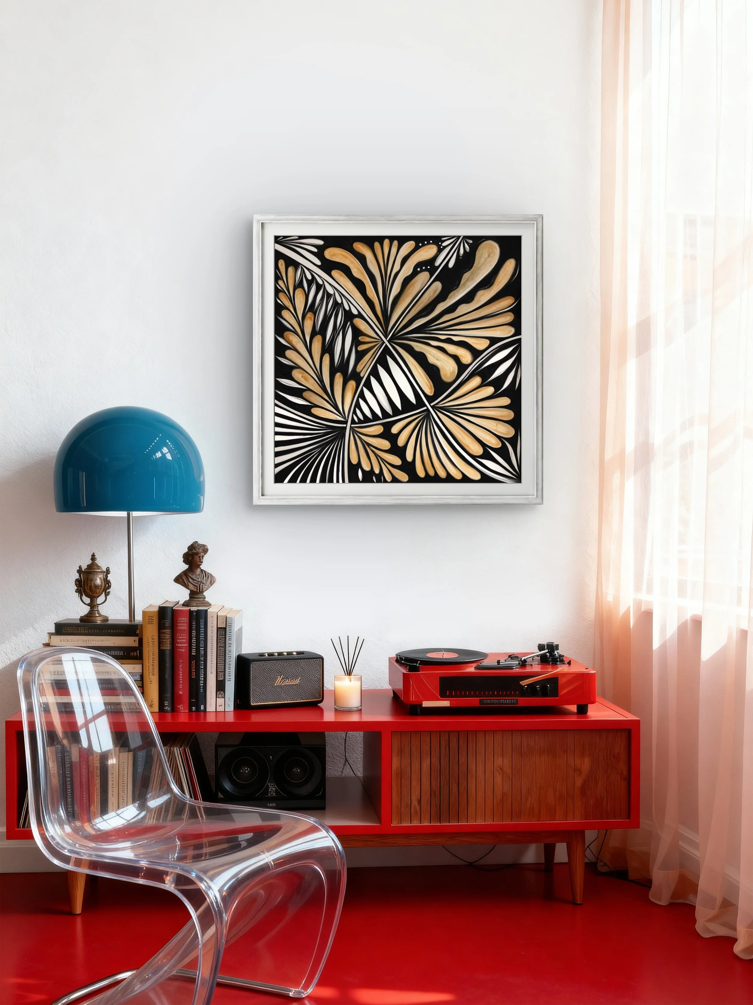 Nocturn art print styled in an eclectic interior — botanical gold ink artwork by Bristol artist Roxy Megyesi