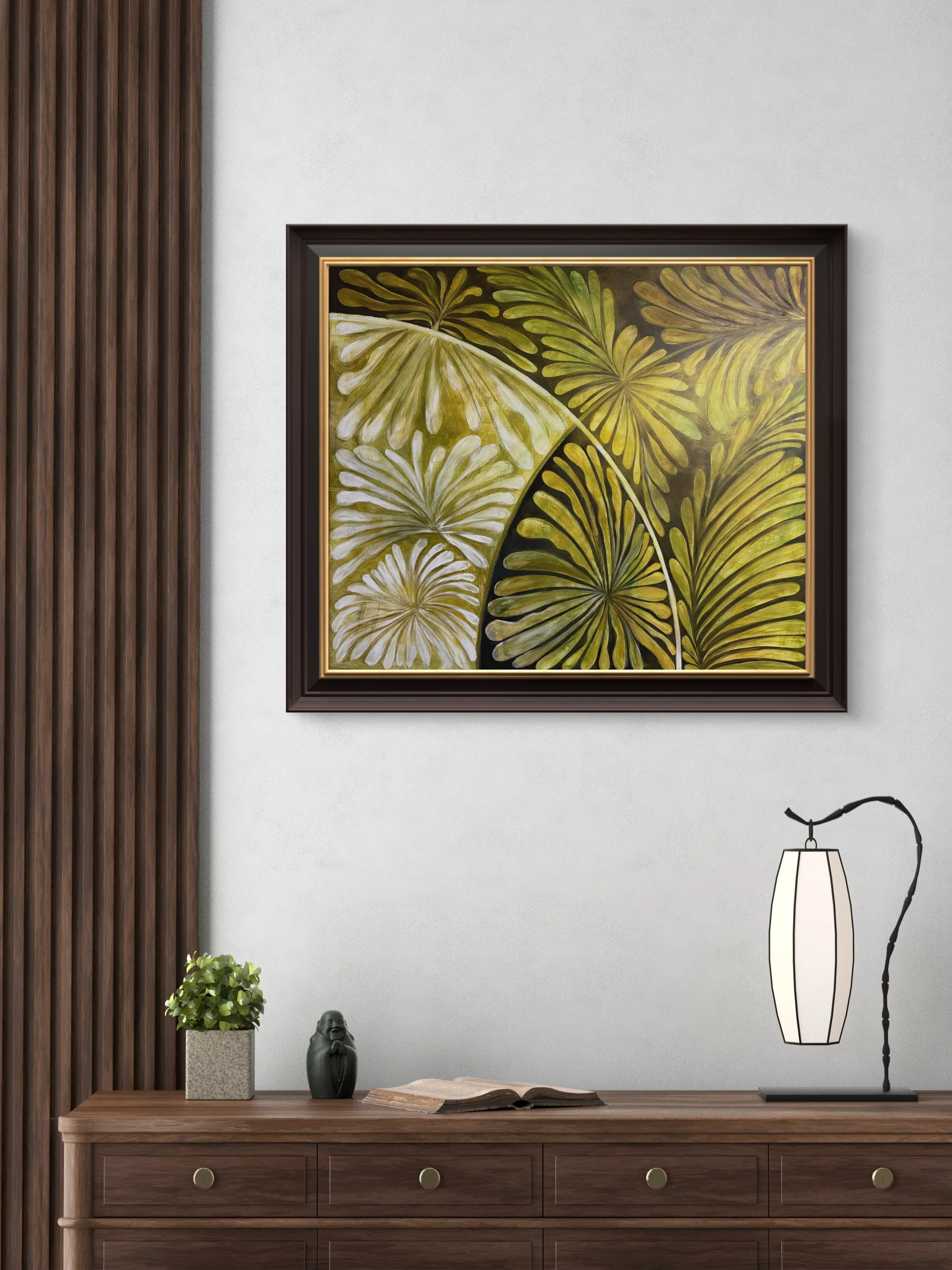 Flow botanical art print in a dark wood frame, styled above a console table
