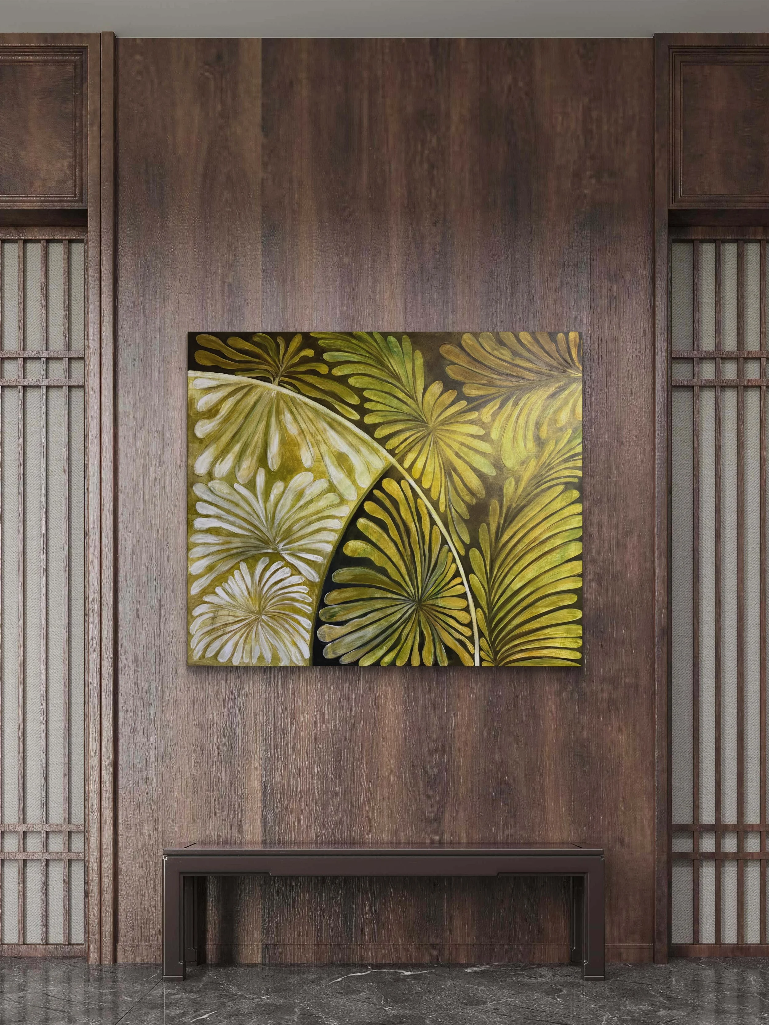 Flow botanical art print mounted on a dark panelled wall, full view of radial botanical composition