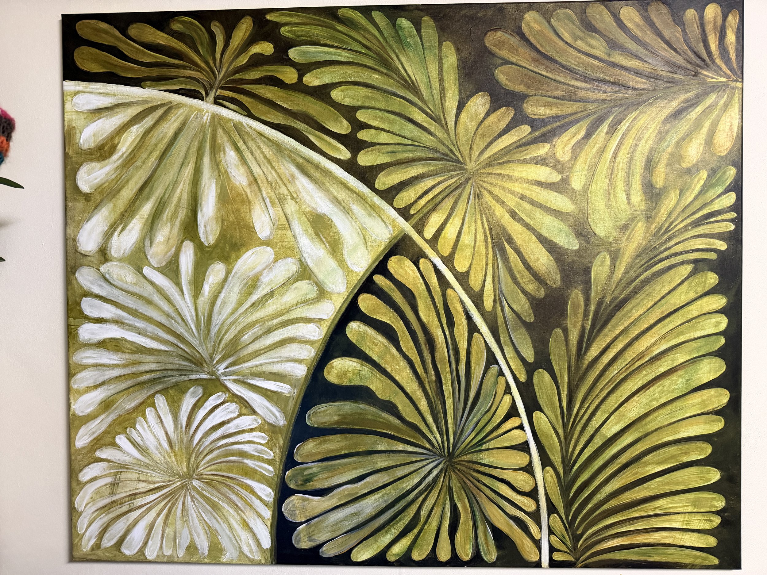 Close-up detail of Flow botanical art print showing gold and olive radial frond pattern