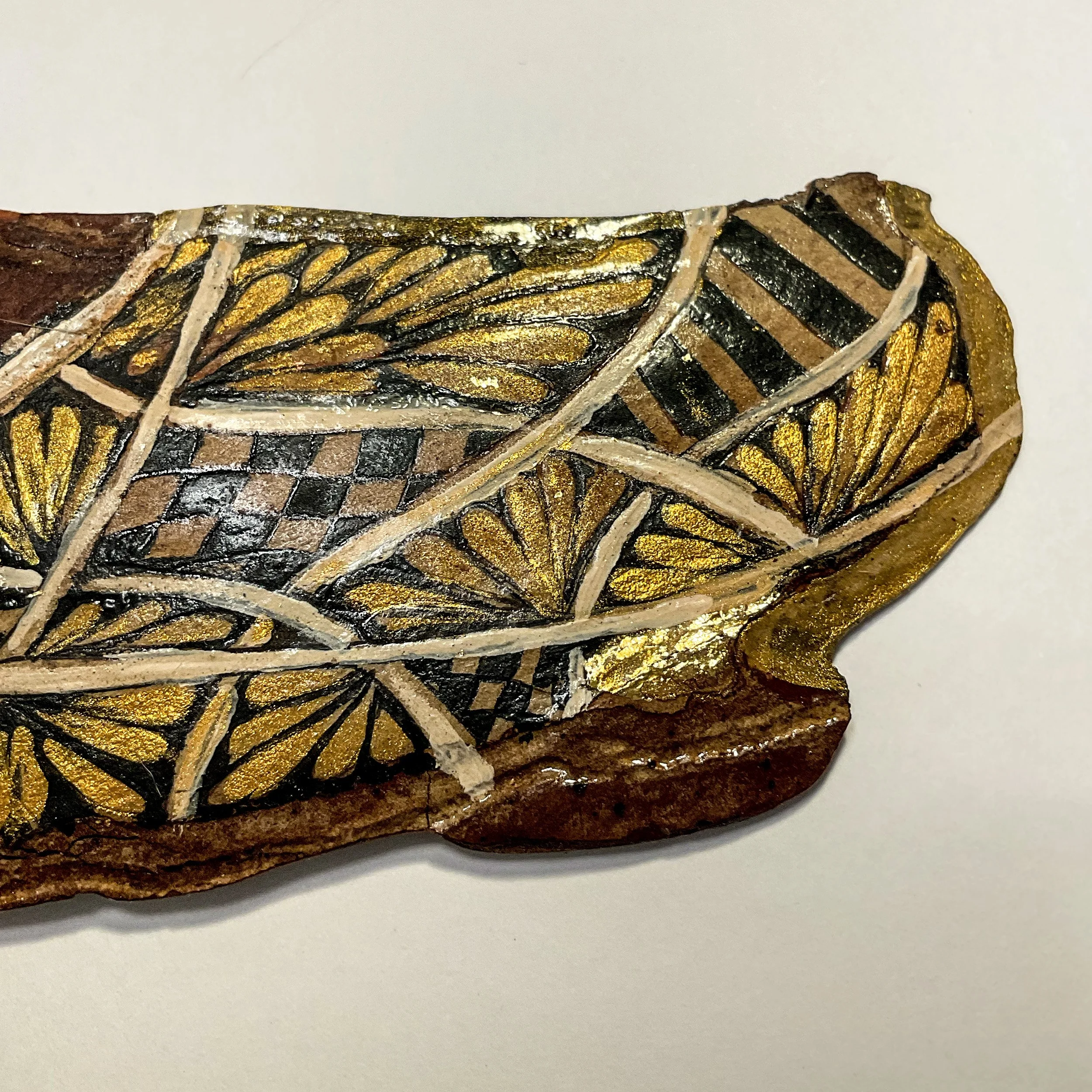 Echoes in Bark: The Guardian close-up — hand-painted gold leaf and geometric marks on reclaimed Crimean Pine bark, original bark art by Roxy Megyesi Bristol