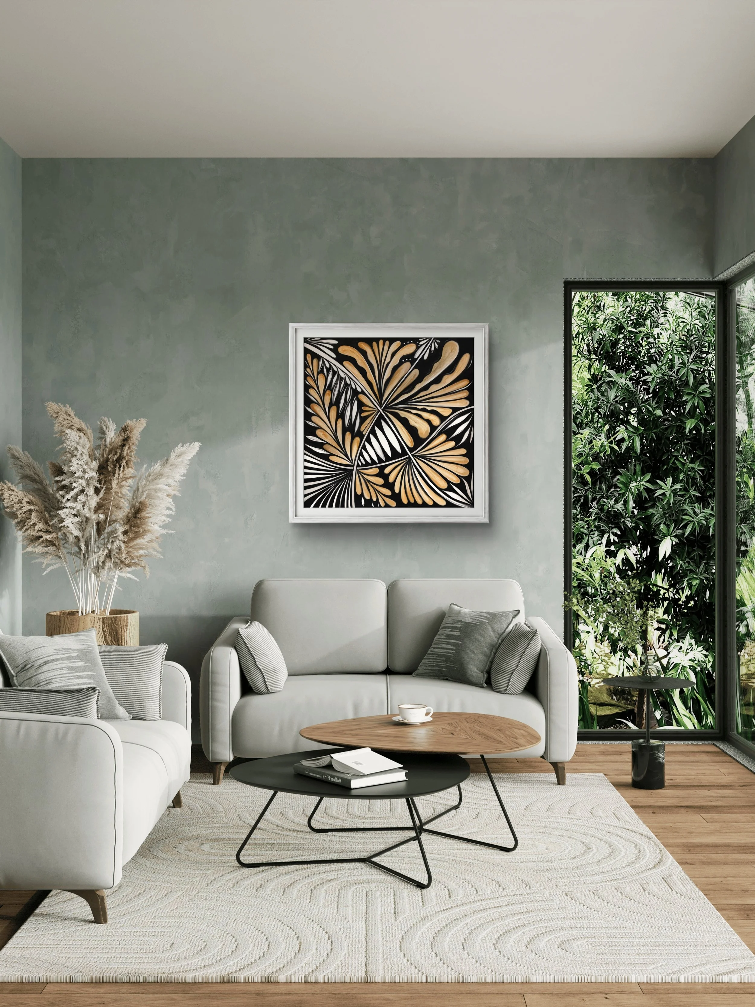 Nocturn botanical art print in a minimalist living room — framed gold and black ink artwork by Bark & Grain Studio Bristol