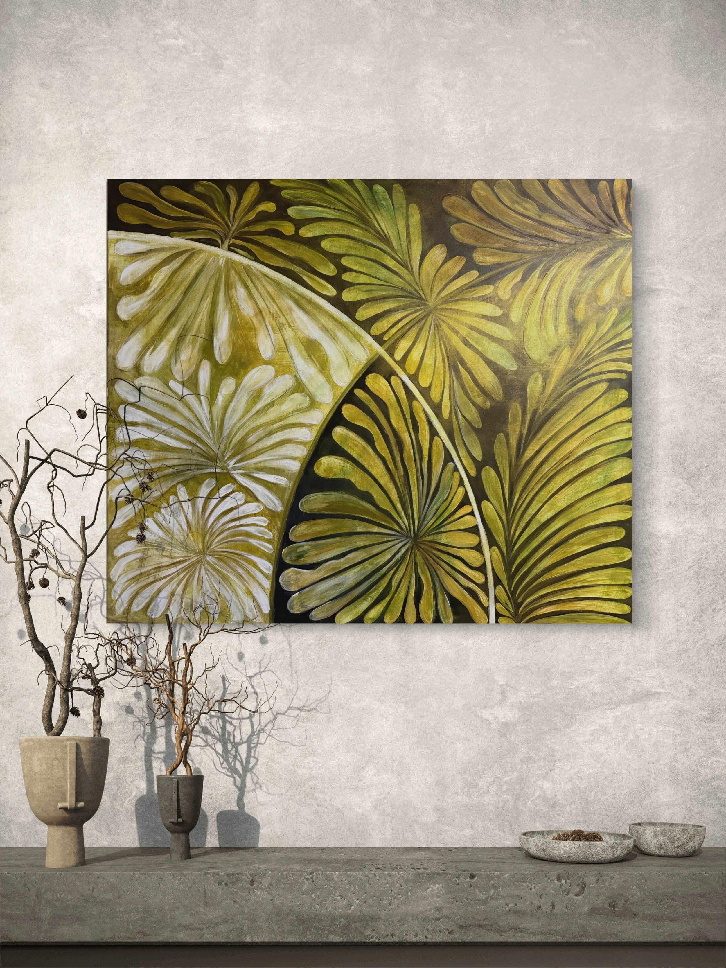 Flow botanical art print displayed unframed on a neutral gallery wall with styled dried branch decorbbe0-b589522ac3b2.JPG