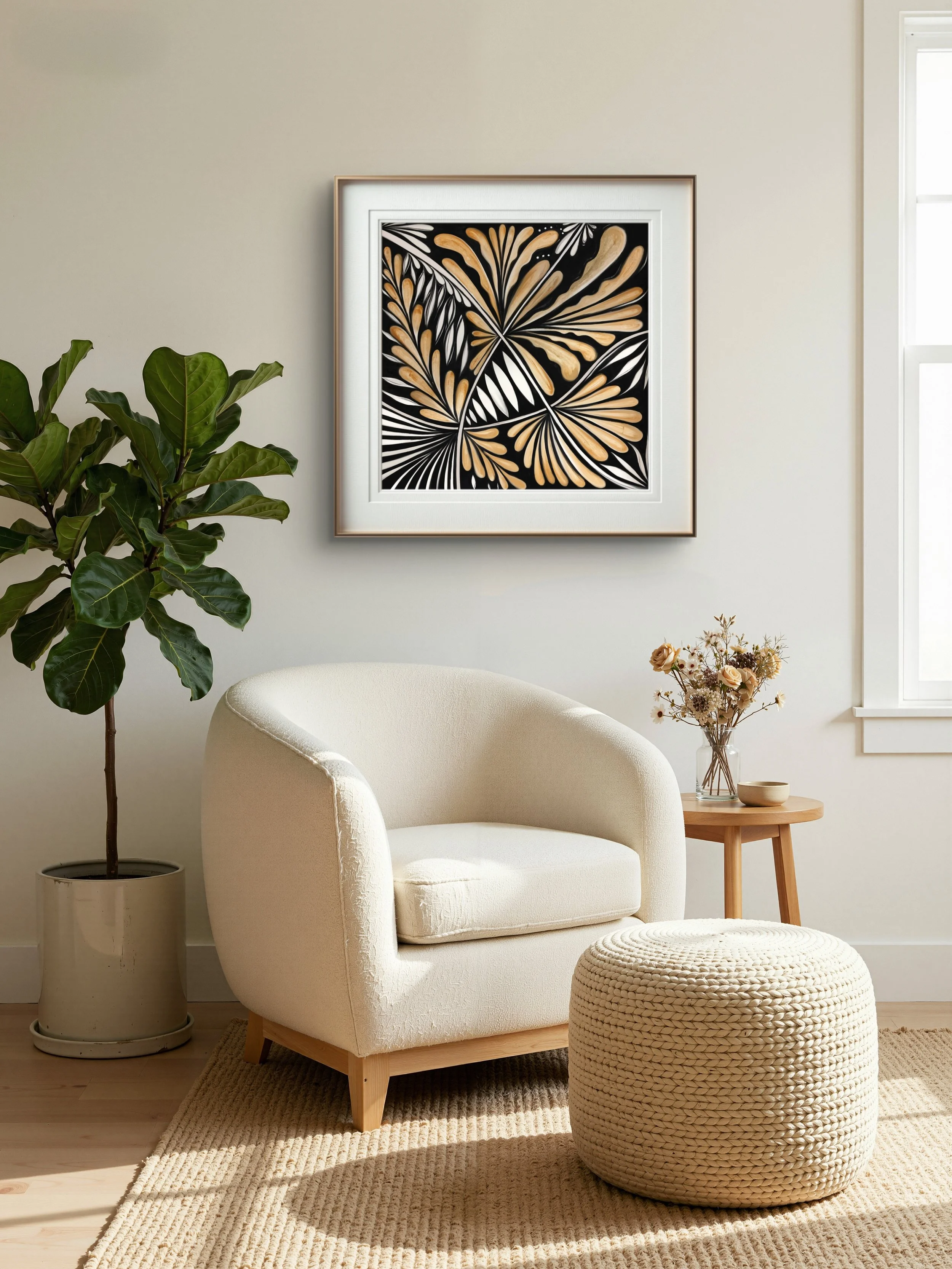 Nocturn framed botanical print in a light Scandi-style interior — gold ink wall art by Bark & Grain Studio