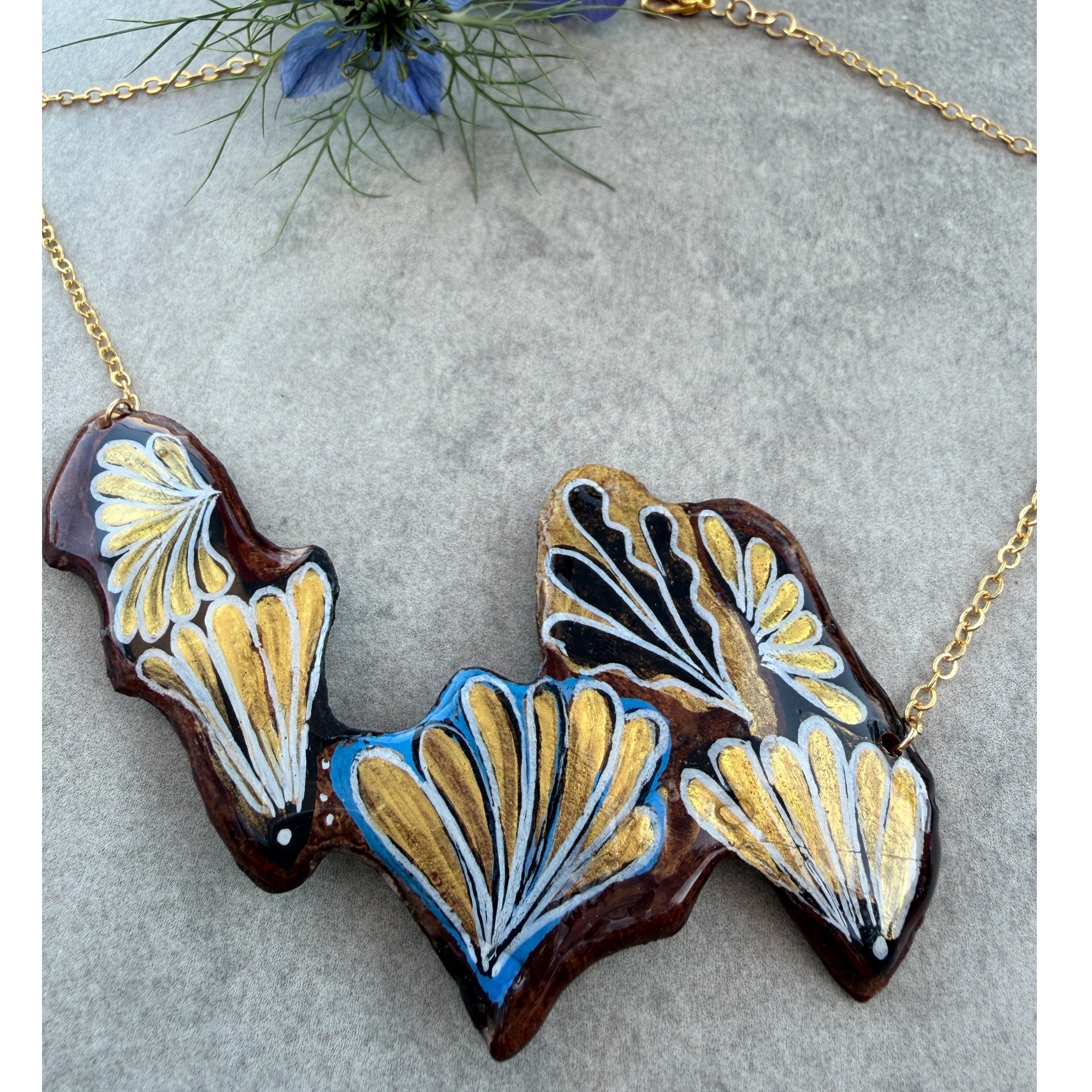 'Azura' one-of-a-kind bark collar necklace — cobalt blue, gold and black botanical motifs on five fan-shaped bark forms, on gold-plated chain