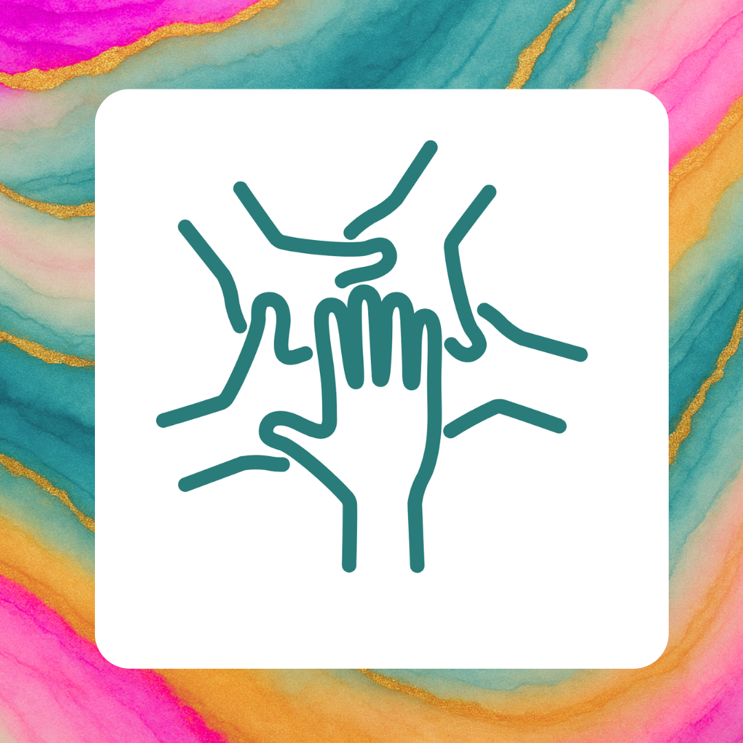 Illustration of multiple hands coming together in a gesture of unity or teamwork. This icon represents group workshops.