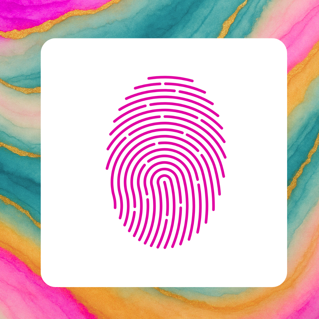 Purple fingerprint illustration on a white background with a colorful, marbled pattern border. This icon represents personal brand.