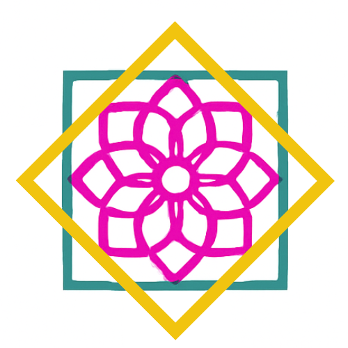 Colorful geometric pattern with a pink flower-like design in the center, overlaid by green and yellow diamond and square shapes.