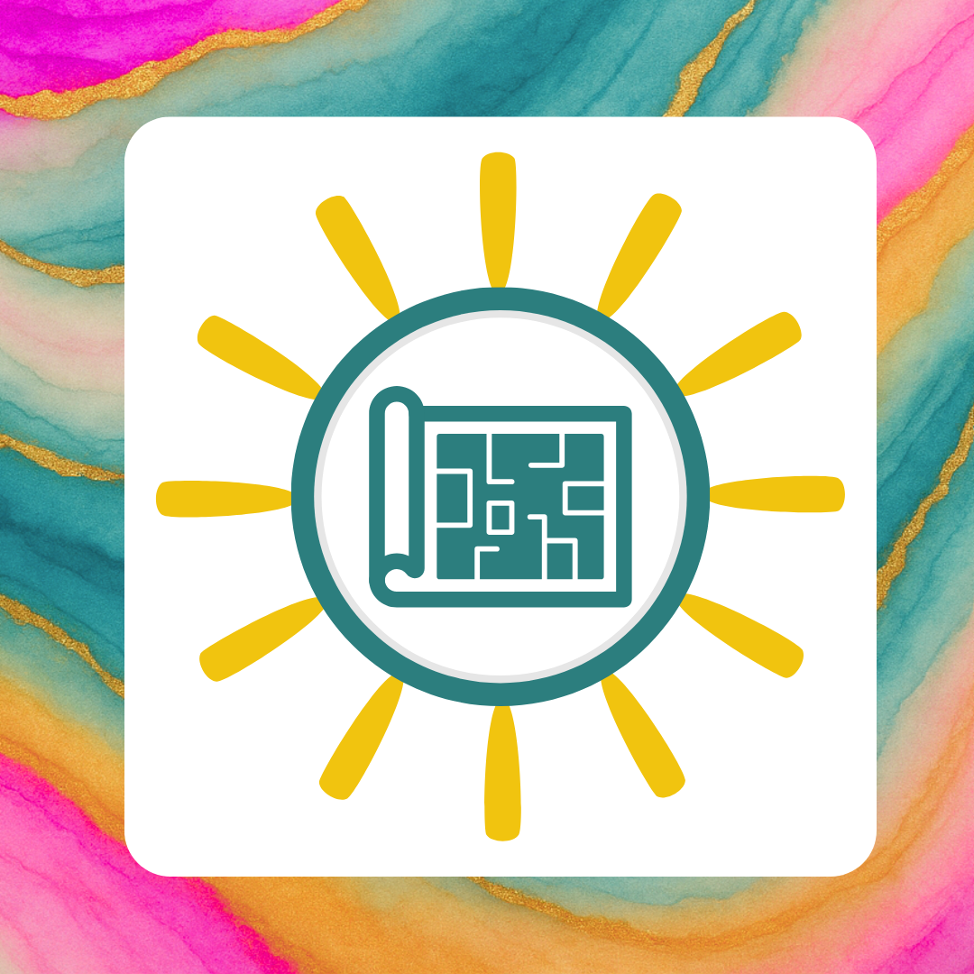 Sun with rays surrounding a blueprint or floor plan icon in the center. This icon represents a blueprint.