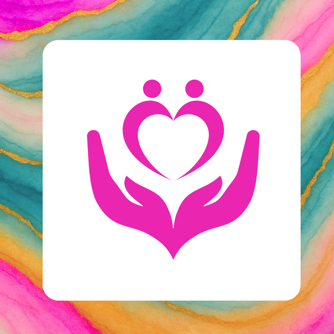 Icon of two pink hands gently holding a pink heart with two smaller circles above, symbolizing care and compassion. This icon represents coaching.