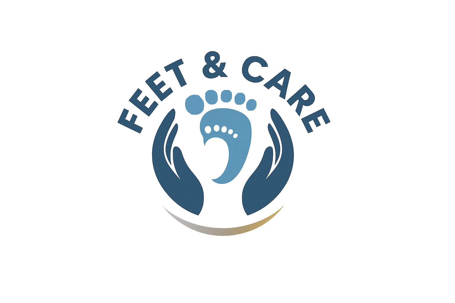 A logo featuring the text 'FEET & CARE' encircling a stylized image of two hands cradling a foot, with a curved line beneath.