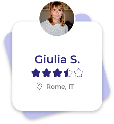 Profile badge displaying the name Giulia S., four out of five stars rating, located in Rome, Italy, with a photo of a woman with shoulder-length light brown hair and a gray sweater.