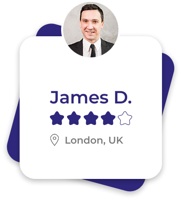 Profile card with a photo of a man in a suit, name James D., rated four out of five stars, located in London, UK.