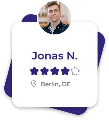 Profile card of a man named Jonas N. with a four-star rating, located in Berlin, Germany.