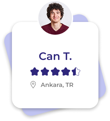 Review saying 'Can T.' with five-star rating and location 'Ankara, TR'; associated with a smiling young man with curly hair in a circular photo above the review.
