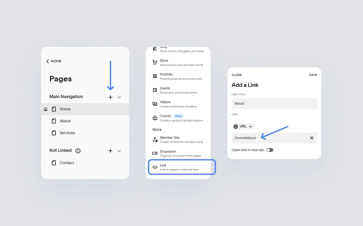 The Squarespace Pages menu showing the navigation links and Link Editor.