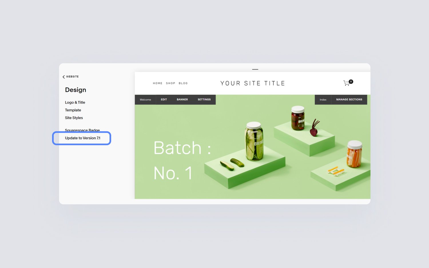 A Squarespace 7.0 website menu showing the option to update