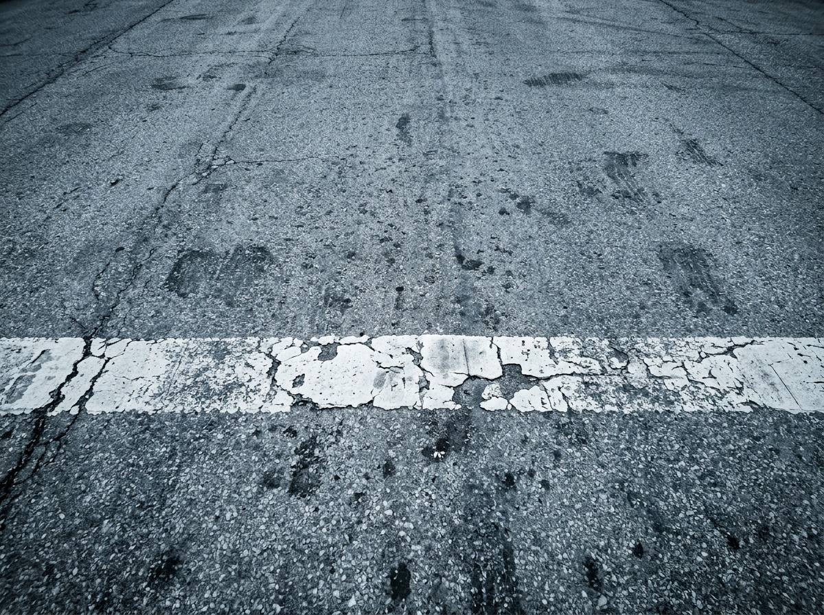 Close-up of a worn and cracked pedestrian crosswalk line on asphalt road, with footprints visible on the surface.