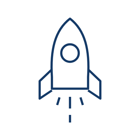Simple line drawing of a rocket launching with flames and smoke.