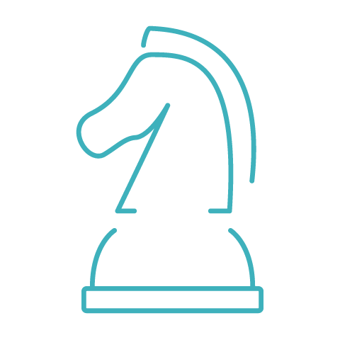 Outline of a chess knight piece in blue on a black background.