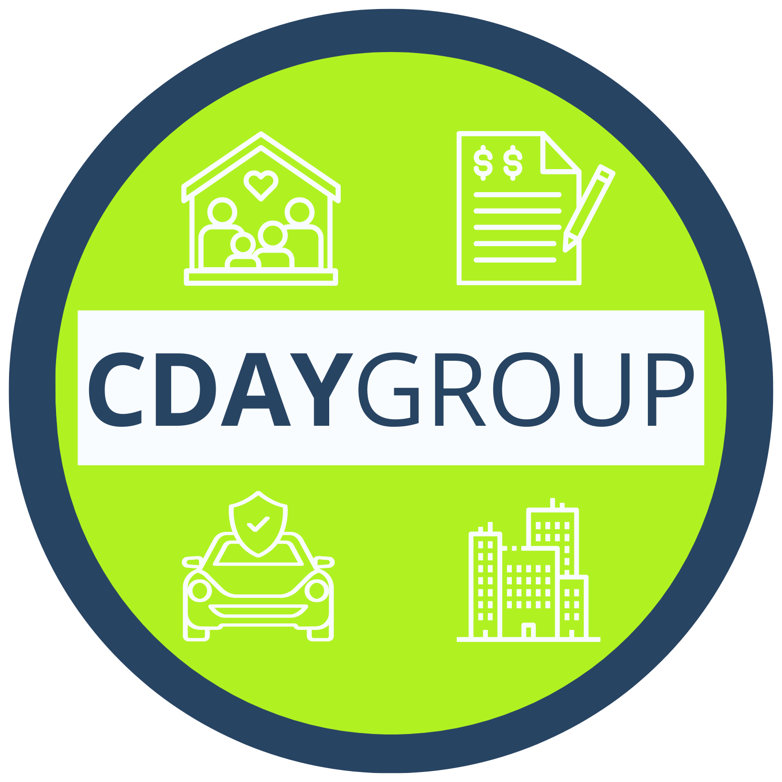 Logo for CDAYGROUP with icons of a family in a house, financial documents, a car with a shield, and a building on a green and blue background.