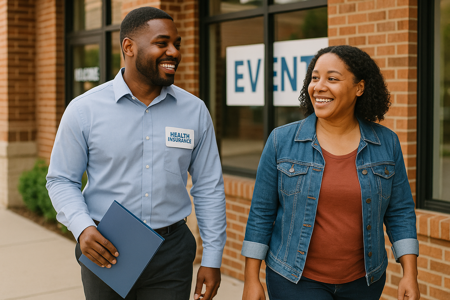 A man and a woman walking outside a building, smiling and engaging in conversation. The man is wearing a light blue shirt with a health insurance badge, carrying a blue folder. The woman is dressed in a denim jacket over a rust-colored top.
