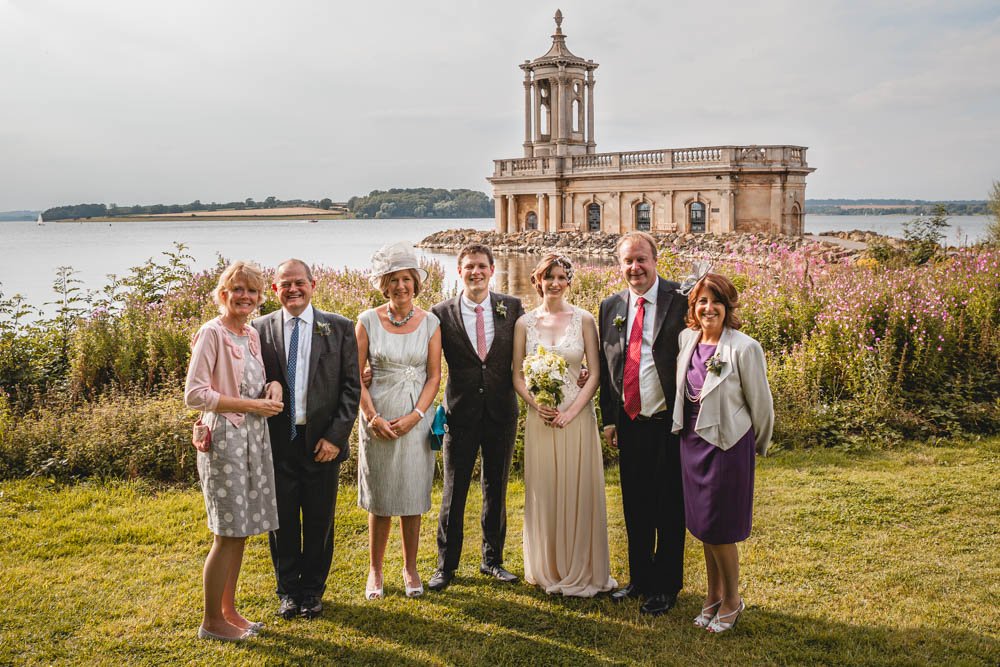 family group shot in front of Normanton Church at Rutland Water