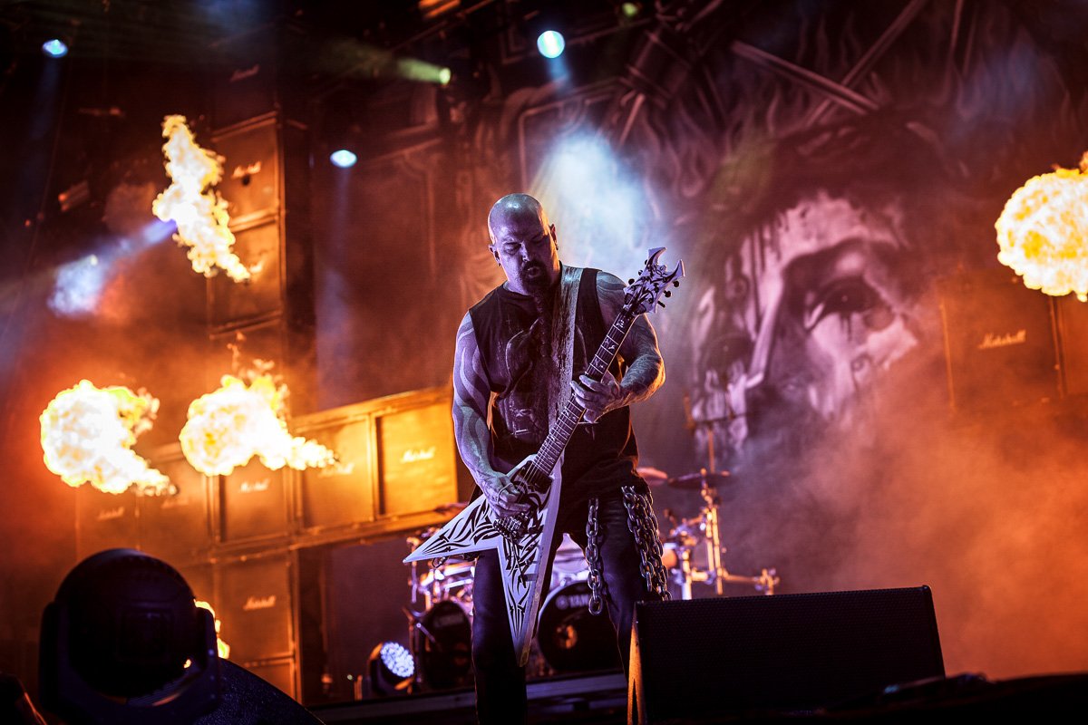 Rock band Slayer headlining the main stage at Bloodstock Festival Derbyshire, with pyro effects