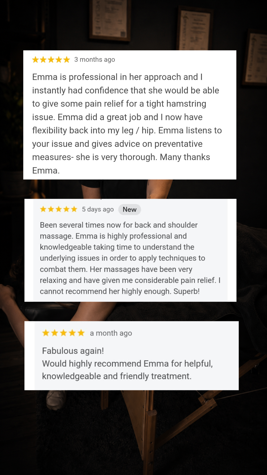Collection of three customer reviews about Emma Louise, a massage therapist, over a neutral background. The reviews praise her skills and positive results for neck, shoulder, and back pain.