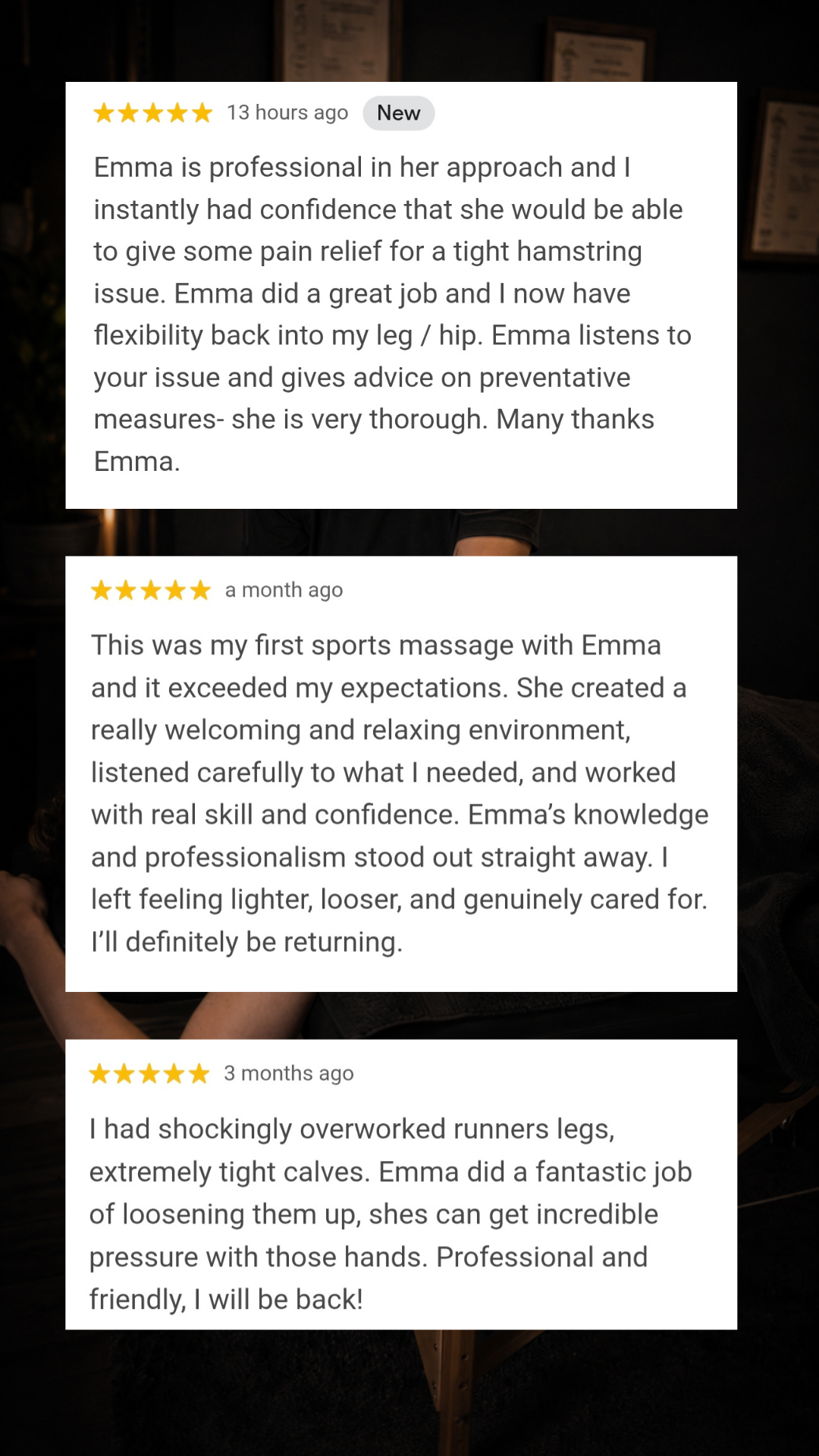 Customer review about massage therapy with a background of a person receiving a massage.