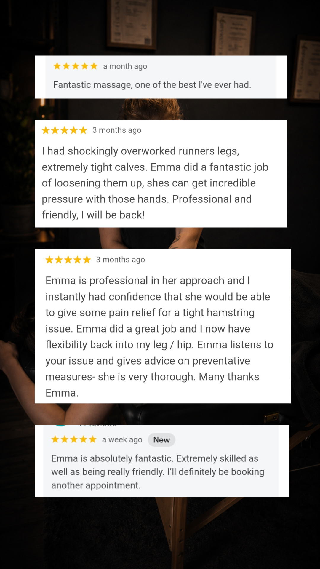 Collection of online reviews for Emma Louise at ATEL FITNESS with high star ratings, discussing her massages and assistance with neck and back problems.