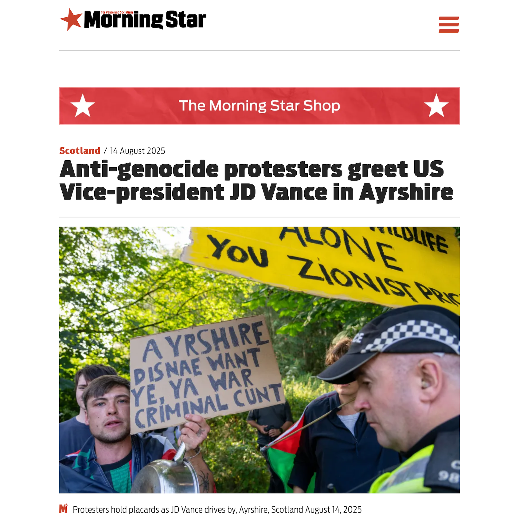 Anti genocide protesters greet US Vice President JD vance in Ayrshire