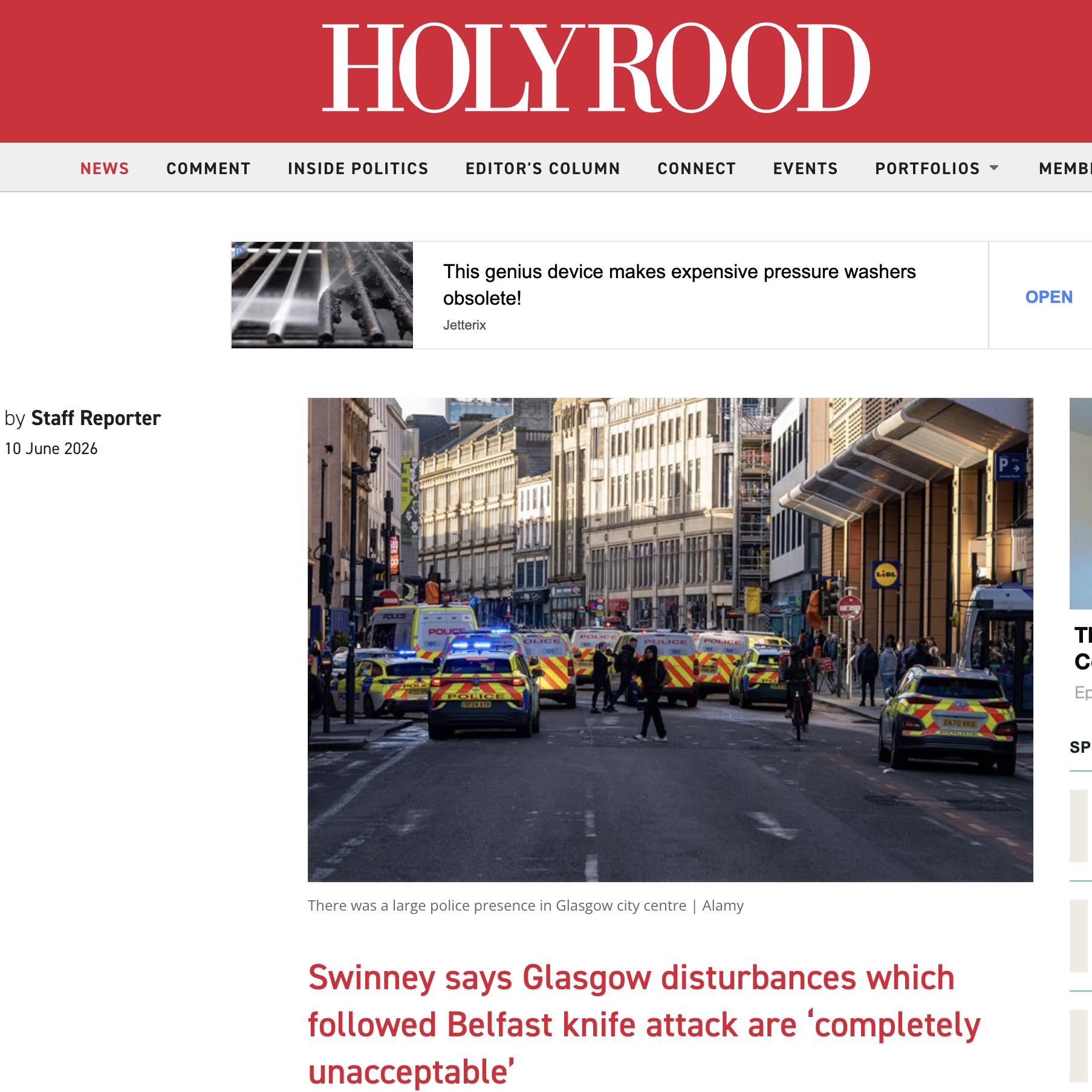 Swinney says Glasgow disturbances which followed Belfast knife attack are ‘completely unacceptable’