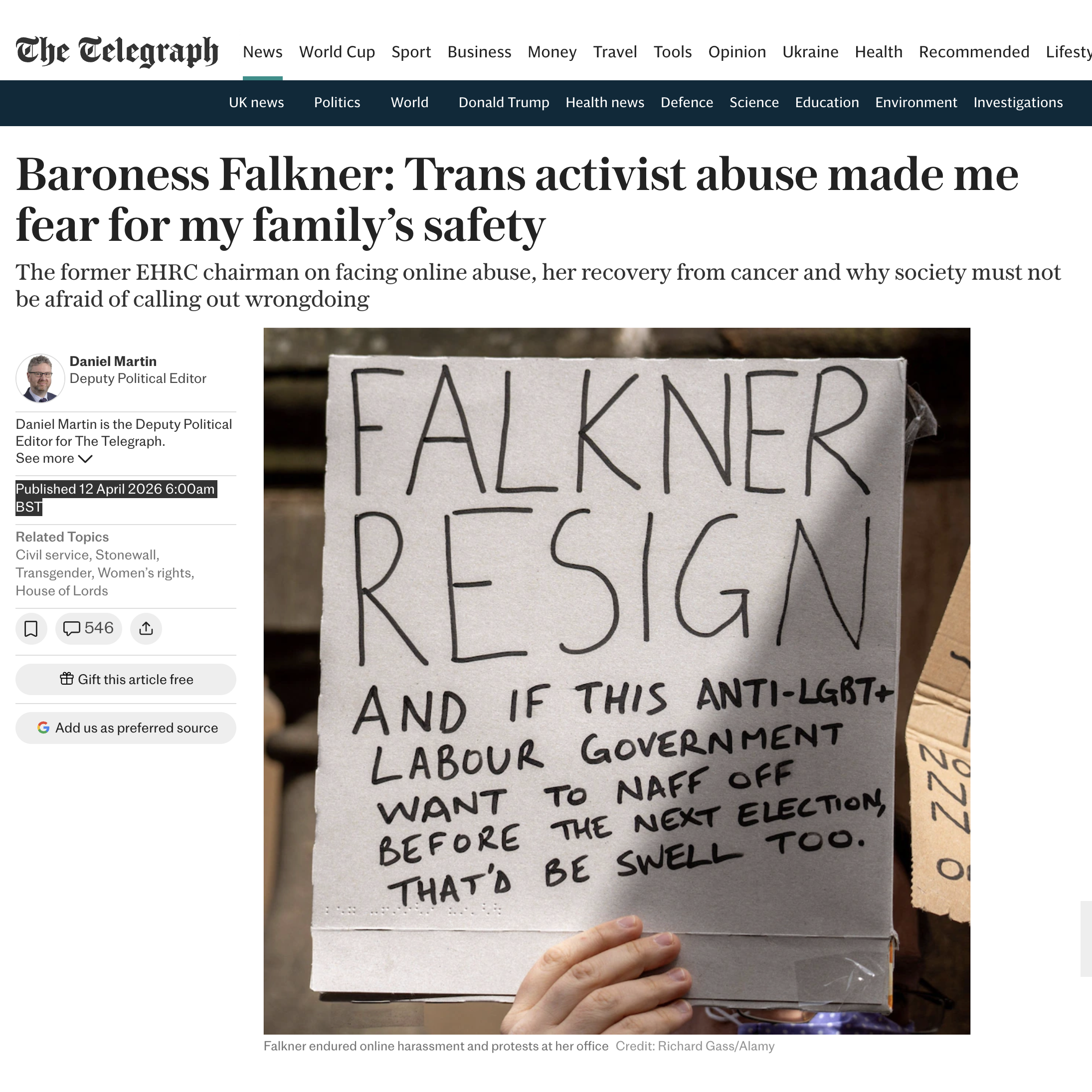 Baroness Falkner: Trans activist abuse made me fear for my family’s safety