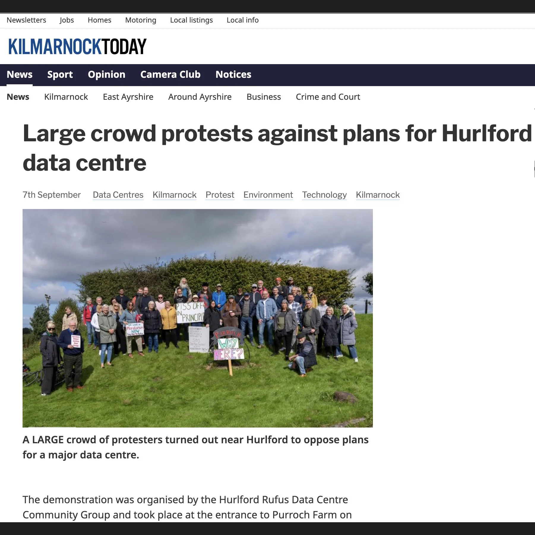 A Large crowd of protesters turned out near Hurlford to oppose plans for a major data centre.