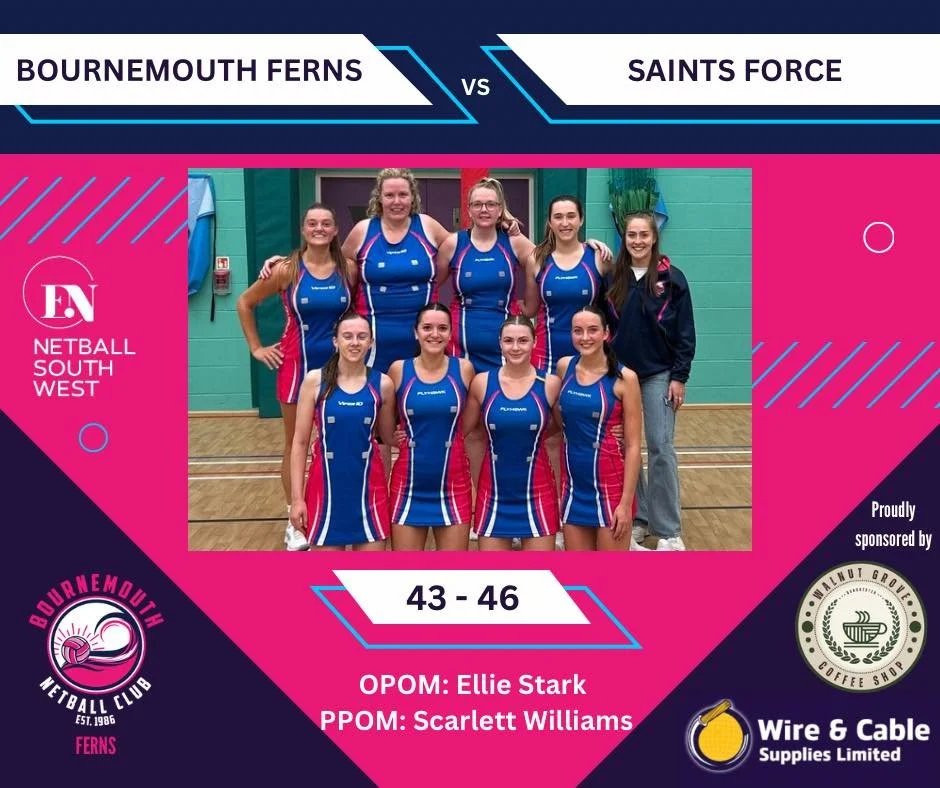 Bournemouth Ferns made the trip to Truro to take on Saints in what proved to be a competitive game. With just 8 players, it was always going to be a challenge against a clinical side, but Ferns rose to it, only narrowly missing out with a 43-46 score