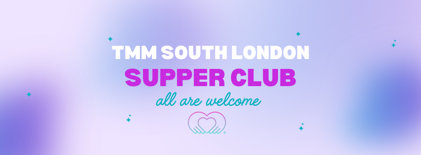 Event poster for TMM London Supper Club with the slogan 'all are welcome' and a heart-shaped hands illustration on a purple and blue gradient background.