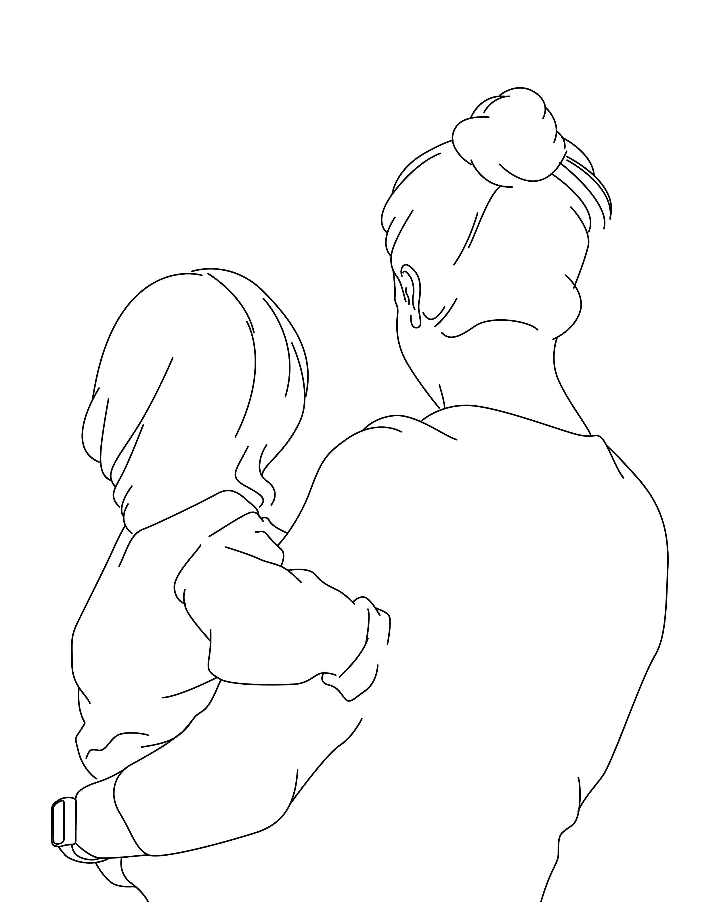 Line drawing of a woman holding a small child in her arms, both facing away from the viewer.