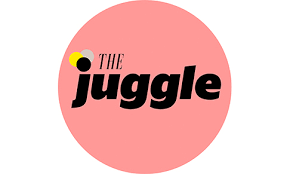 Pink circle with black and yellow text reading 'The Juggle'.