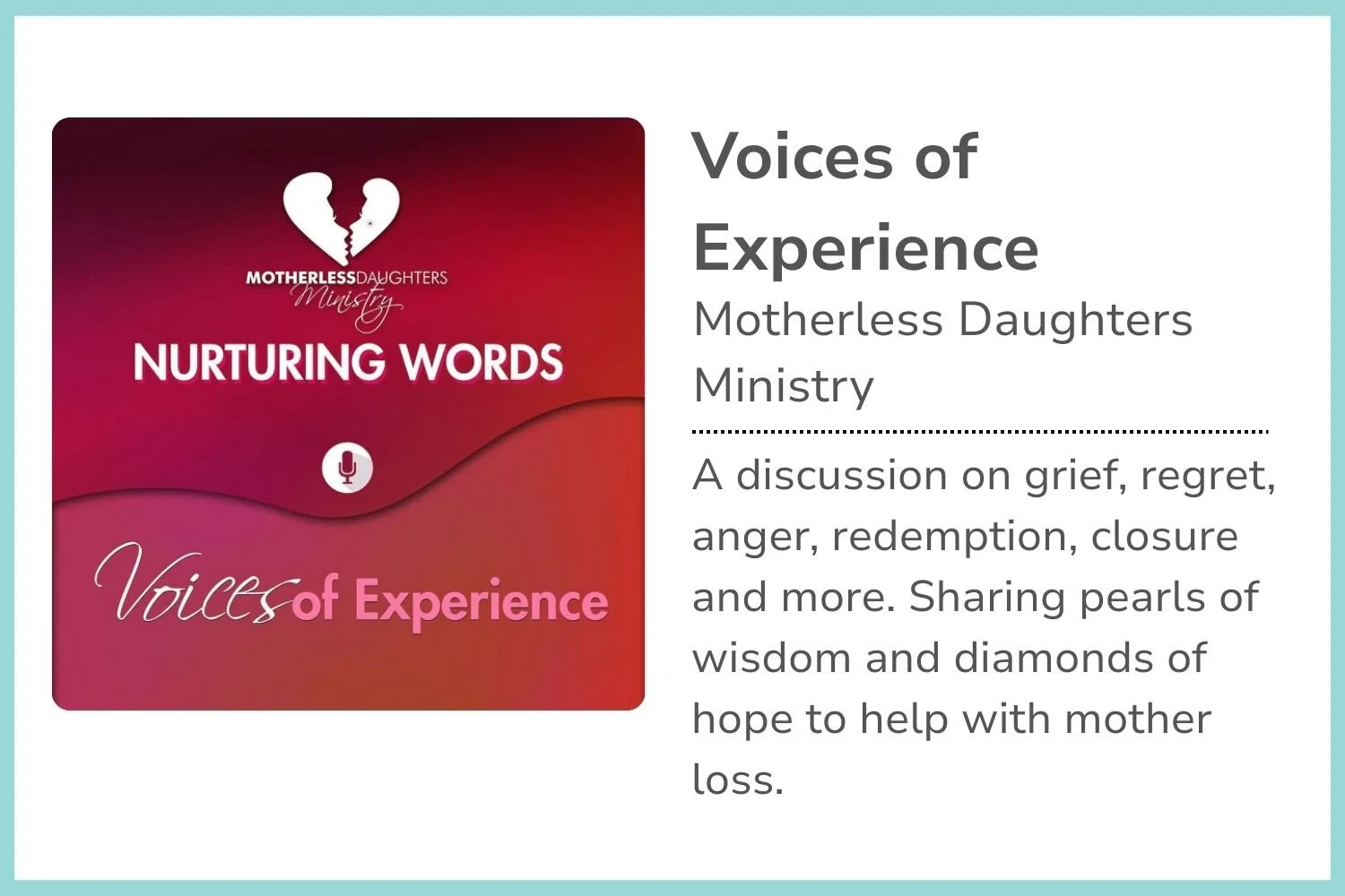 Flyer for Motherless Daughters Ministry event titled 'Nurturing Words of Experience' with a broken heart logo at the top and a pink and red gradient background.
