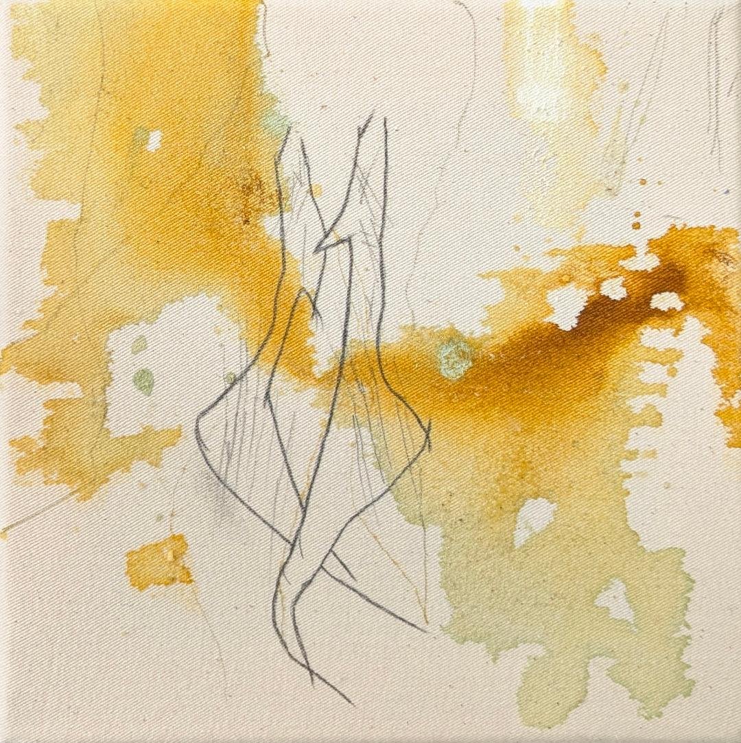 Steinzeit Reihe: Abstrakt #4 mit Frauen, 2025. Acryl, Ink, Sand und Bleistift auf Leinwand – 20 x 20 cm