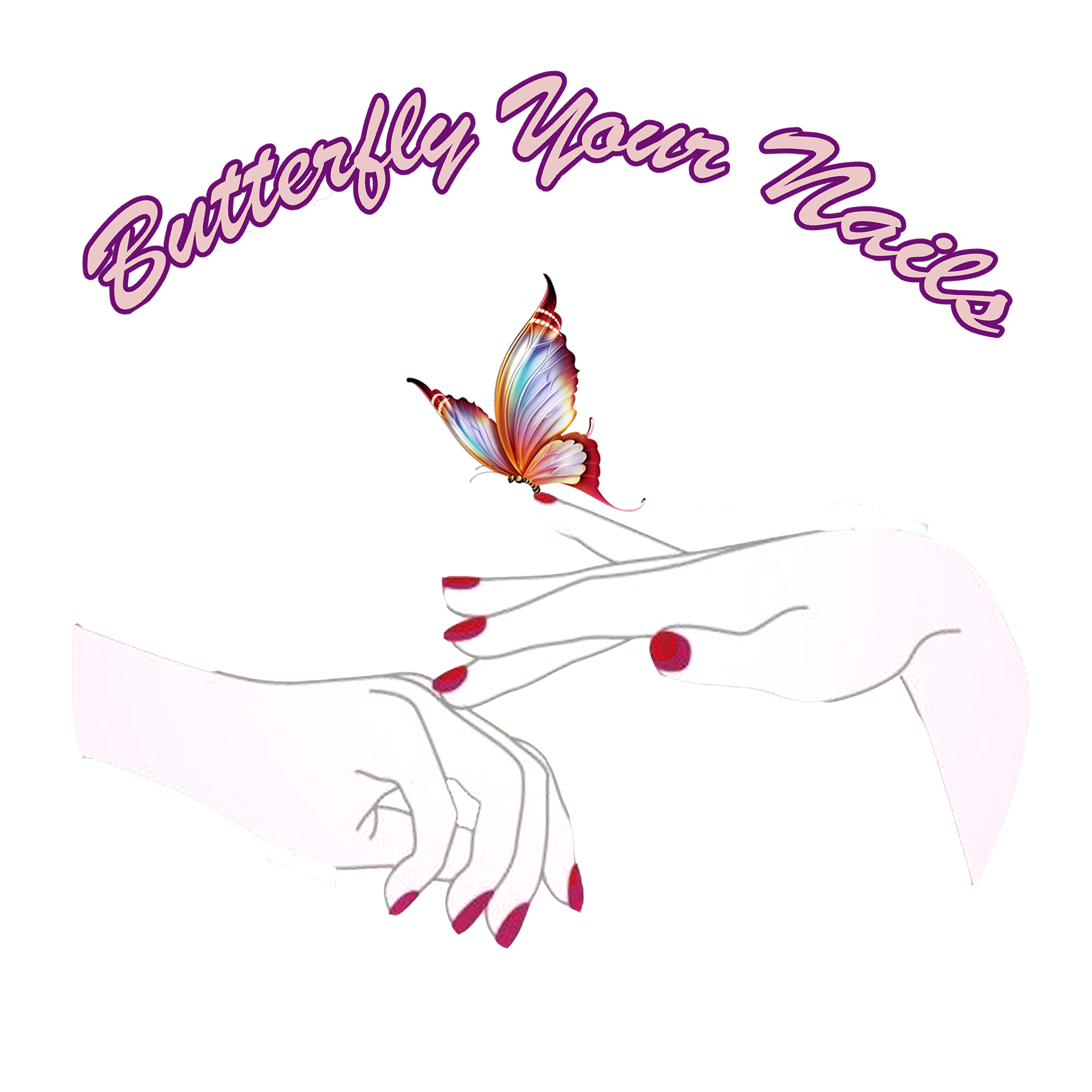 Illustration of two elegant white hands with red manicured nails holding a colorful butterfly. Purple text above reads 'Butterfly Your Nails'.
