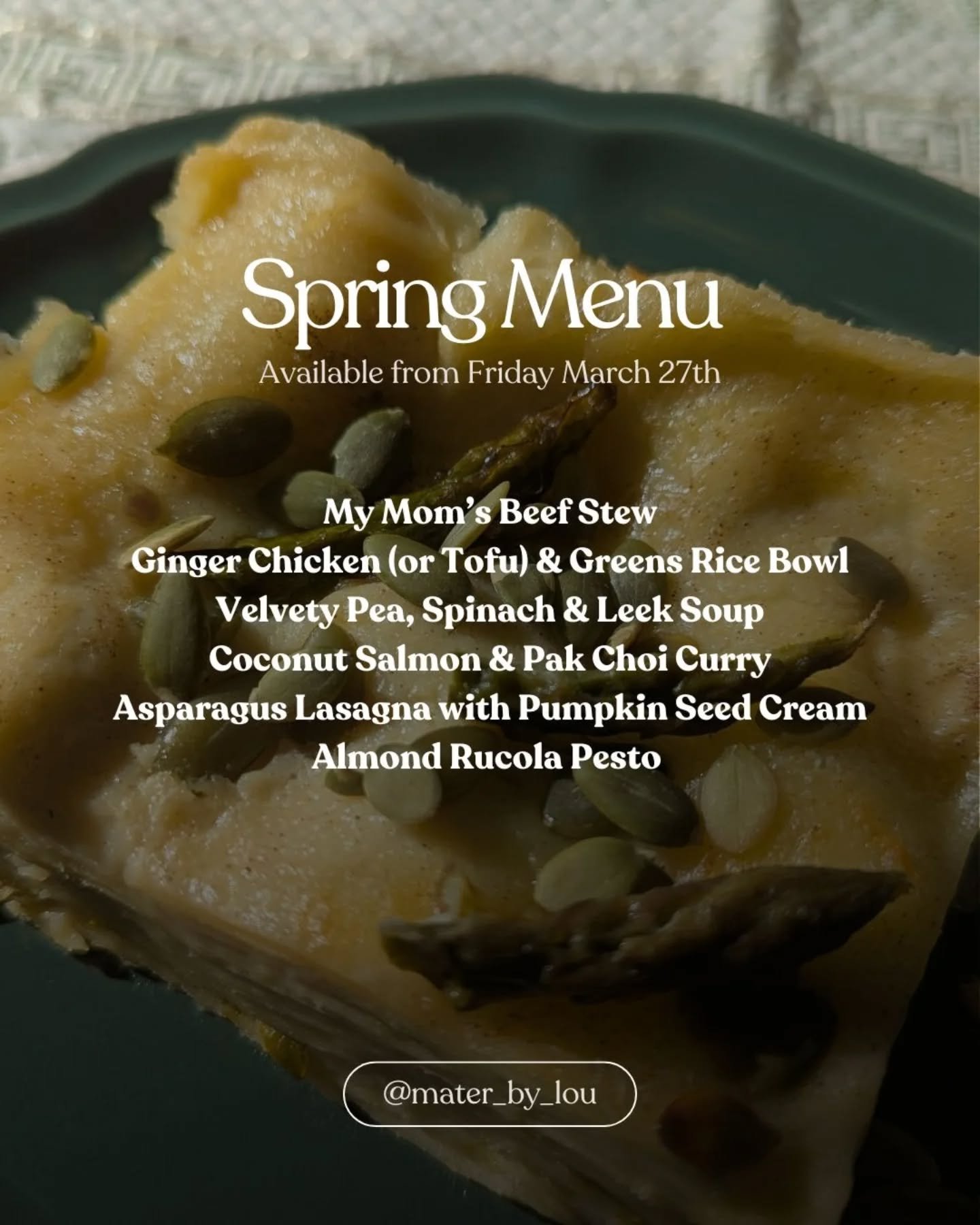Spring menu is here 🌿
Fresh, nourishing meals designed to support you - especially in the postpartum phase.

Personal favourites:
&ndash; My Mom&rsquo;s Beef Stew (slow, rich, deeply comforting)
&ndash; Coconut Salmon &amp; Pak Choi Curry (creamy, w