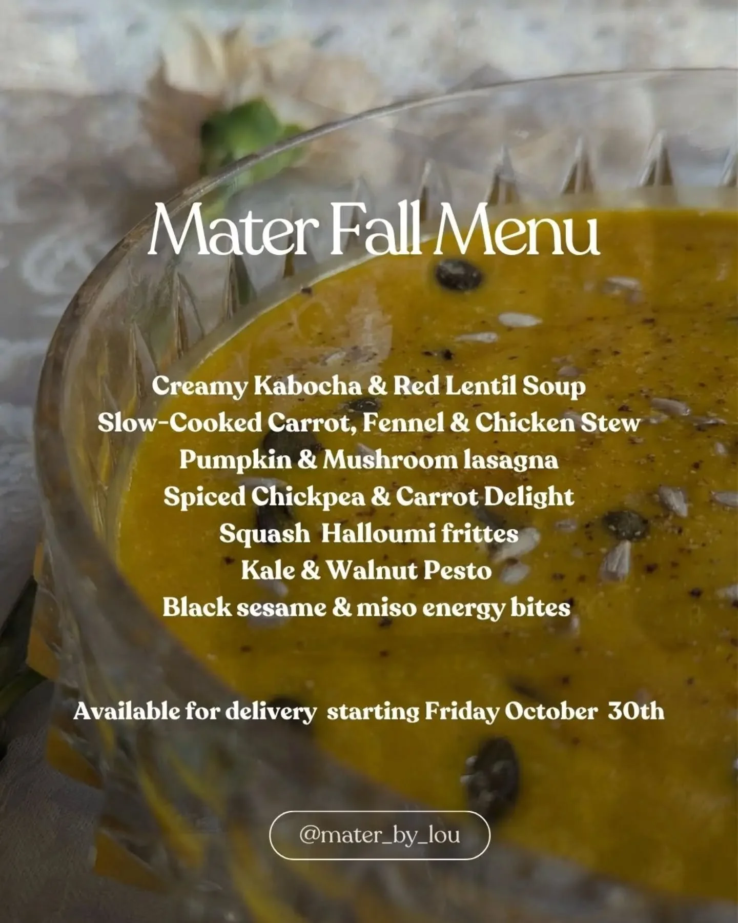 The fall menu is here 🍂

Warm, slow-cooked and made for the weeks after birth, with what's in season right now. Here's what's cooking, and why:

🎃 Creamy Kabocha &amp; Red Lentil Soup
Iron and plant protein in a bowl you can sip.

🍗 Slow-Cooked Ca