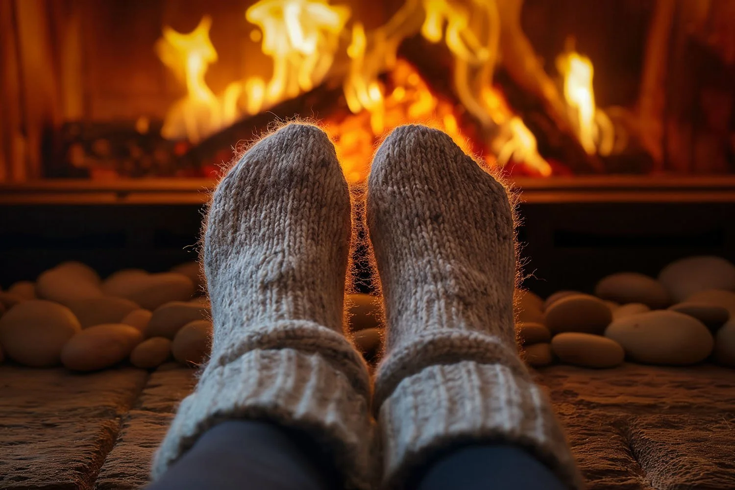 Person wearing cozy knit socks relaxing by a fireplace with flames