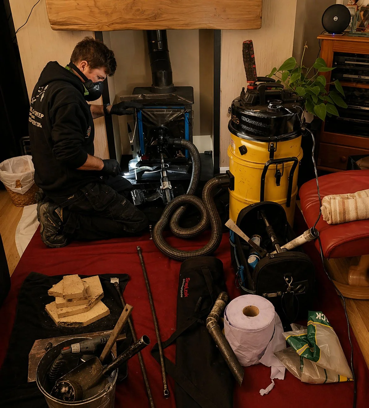 Michael Baxter The Chimney Sweep kneeling by a fireplace sweeping a chimney, surrounded by a vacuum cleaner and other chimney sweeping equipment.